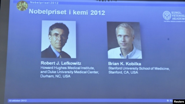 Images of researchers Robert Lefkowitz and Brian Kobilka (R) are seen on a projector during a news conference by the Royal Swedish Academy of Sciences in Stockholm, October 10, 2012. 