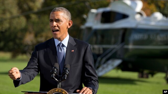 Tổng thống Obama nói về dịch Ebola tại sân cỏ phía nam của Tòa Bạch Ốc, ngày 28/10/2014. 