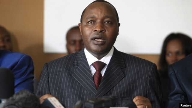 The M23 insurgent rebels' executive secretary Francois Rucogoza speaks during a news conference in Uganda's capital Kampala, January 8, 2013.   