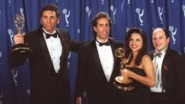 "Seinfeld' cast members, from left, Michael Richards, Jerry Seinfeld, Julia Louise-Dreyfus and Jason Alexander backstage at the Emmy Awards in Pasadena, California, in 1993