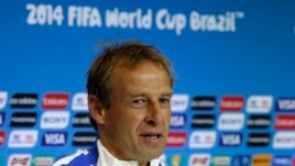 United States' head coach Jurgen Klinsmann speaks during a press conference the day before the World Cup round of 16 soccer match between Belgium and the U.S. at Arena Fonte Nova in Salvador, Brazil, June 30, 2014. 