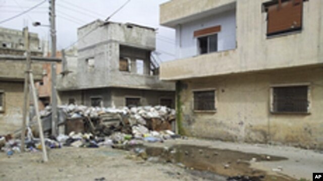 Damaged houses in handout picture taken by Syrian National Council (SNC) member Moulhem Al-Jundi in Karm Al Zaytoon, a neighbourhood of Homs, February 23, 2012.
