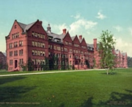 Colleges are going green - just not this kind. This postcard view of a Vassar College dormitory and spacious greensward in Poughkeepsie, New York, was created in 1904.