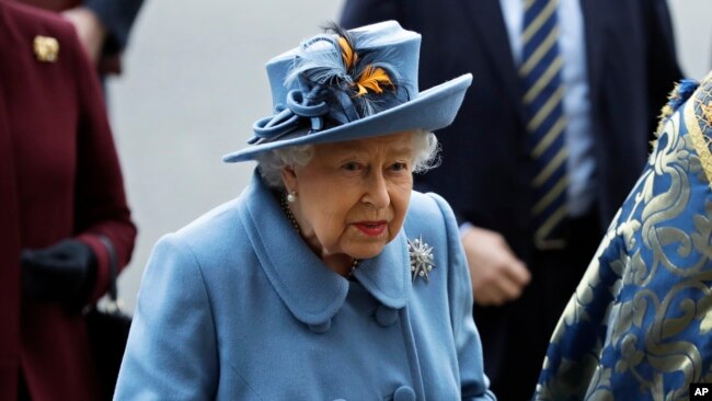 La reina Isabel Segunda de Gran Bretaña asiste al servicio religioso en la Abadía de Westminster por el día anual de los Estados británicos Asociados. Londres, 4 de marzo de 2020.
