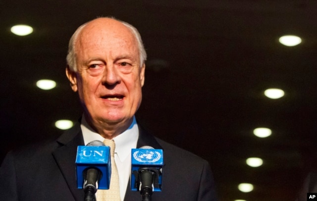 FILE - U.N. Special Envoy for Syria Staffan de Mistura speaks during a news conference, Nov. 19, 2015, at U.N. headquarters.