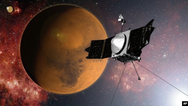 Ảnh do NASA cung cấp mô tả tàu vũ trụ MAVEN  tiếp cận sao Hỏa.