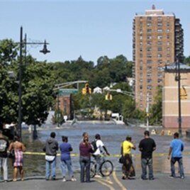 Water from the Passaic River covers the intersection of Main Street and Memorial Drive in Paterson, N.J., where the river overflowed its banks following Hurricane Irene in August 2011.