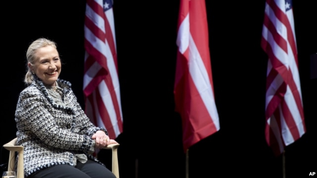 US Secretary of State Hillary Clinton smiles during a forum with students at the Royal Library in Copenhagen, Denmark, May 31, 2012. 