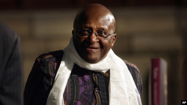 Archbishop Emeritus Desmond Tutu looks on during his autobiographical book launch in Cape Town, October 6, 2011.