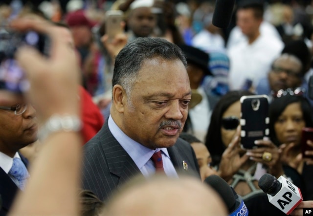 American civil rights activist Jesse Jackson speaks to members of the media before Muhammad Ali's Jenazah, a traditional Muslim service, at Freedom Hall in Louisville, Ky., June 9, 2016.