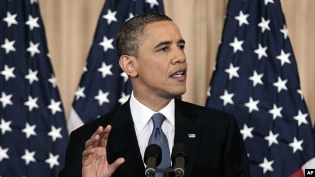 President Barack Obama delivers a policy address on events in the Middle East at the State Department in Washington, Thursday, May 19, 2011