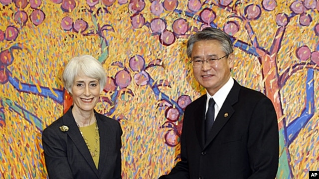 U.S. Undersecretary of State for Political Affairs Wendy Sherman with South Korean 1st Vice Foreign Minister Park Suk-hwan during their meeting at the Foreign Ministry in Seoul, South Korea, Nov. 22, 2011.