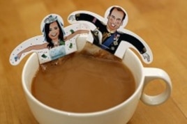 Souvenir teabags with depictions of Britain's Prince William and Kate Middleton are seen in London.