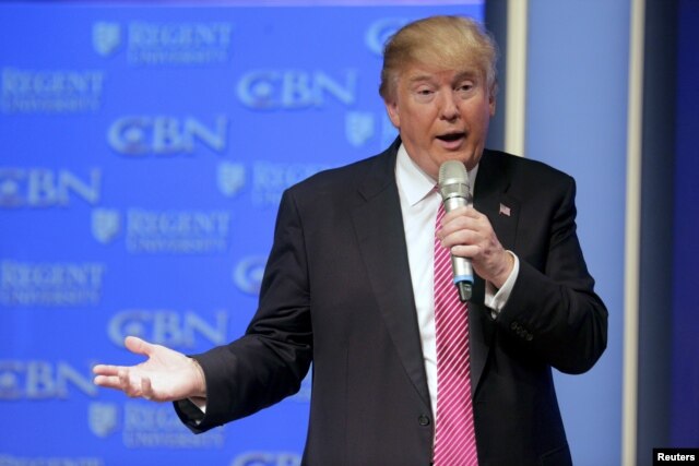 FILE - U.S. Republican presidential candidate Donald Trump speaks at a campaign event at Regents University in Virginia Beach, Virginia. Recent polling showed Trump with 37 percent of the vote in seven southern states.