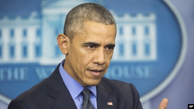 President Barack Obama speaks during a news conference in the White House Brady Press Briefing Room in Washington, Dec. 18, 2015.