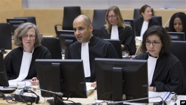 Representatives of the Office of the Prosecutor at the start of a two-day ICC hearing on where to try the eldest son of former Libyan dictator Moammar Gadhafi, The Hague, Oct. 9, 2012.