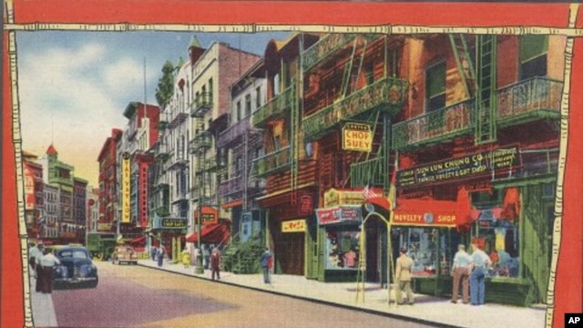 A mid-century postcard for tourists shows New York City's Chinatown.