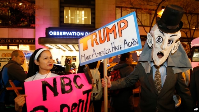 Protesters opposed Republican presidential candidate Donald Trump demonstrate in front of NBC Studios Wednesday, Nov. 4. Trump hosted NBC’s "Saturday Night Live” on Nov. 7.