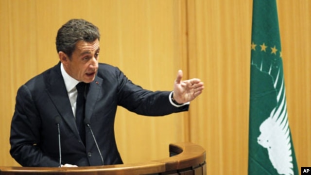 France's President Nicolas Sarkozy addresses the 16th African Union Summit in Ethiopia's capital Addis Ababa, January 30, 2011