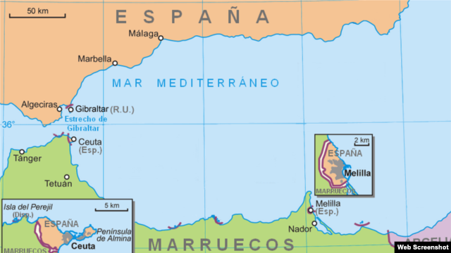 Mapa de Melilla en la costa norte de África, y frente a las costas mediterráneas de España.
