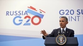႐ုရွားႏုိင္ငံ၊ စိန္႔ပီတာစပတ္ၿမိဳ႕မွာ G-20 စည္းေဝးပဲြတက္ေရာက္ေနတဲ့ အေမရိကန္သမၼတ ဘာရက္အိုဘားမား။ (စက္တင္ဘာ ၆၊ ၂၀၁၃)