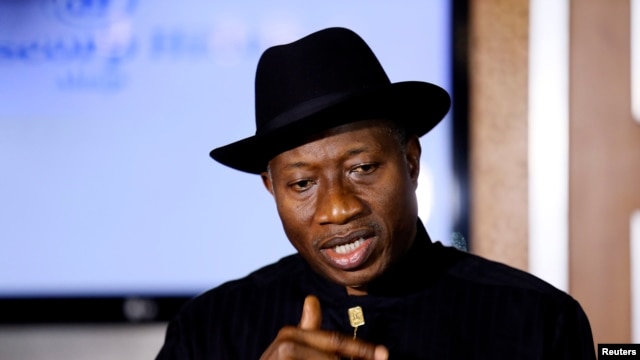 FILE - Nigerian President Goodluck Jonathan speaks to the media on the situation in Chibok.
