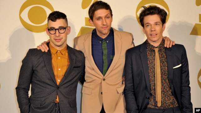 The band Fun, (L-R) Jack Antonoff, Andrew Dost and Nate Ruess pose for a photo backstage at the Grammy Nominations Concert Live! at Bridgestone Arena, December 5, 2012, in Nashville, Tenn. 