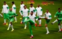 Algeria's players prepare for their match against Germany.