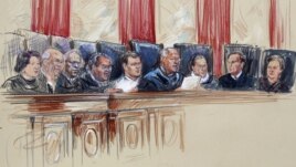 An artist rendering shows Supreme Court Justices from left, Sonia Sotomayor, Stephen Breyer, Clarence Thomas, Antonin Scalia, Chief Justice John Roberts, Anthony Kennedy, Ruth Bader Ginsburg, Samuel A. Alito, and Elena Kagan inside Supreme Court in Washin