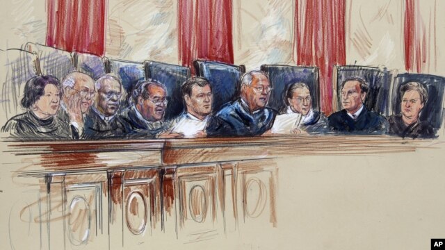 An artist rendering shows Supreme Court Justices from left, Sonia Sotomayor, Stephen Breyer, Clarence Thomas, Antonin Scalia, Chief Justice John Roberts, Anthony Kennedy, Ruth Bader Ginsburg, Samuel A. Alito, and Elena Kagan inside Supreme Court in Washin