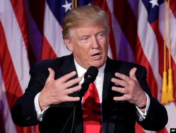 President-elect Donald Trump gives his acceptance speech during his election night rally, Nov. 9, 2016, in New York.