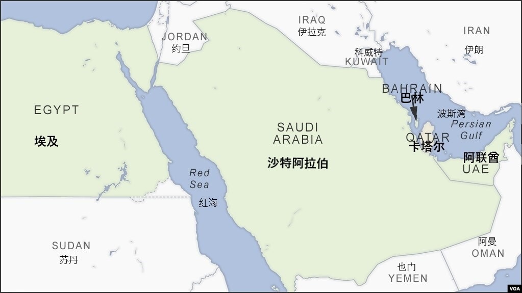沙特阿拉伯、卡塔尔、埃及、巴林与阿联酋地理位置图。(photo:VOA)