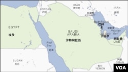 沙特阿拉伯、卡塔尔、埃及、巴林与阿联酋地理位置图。