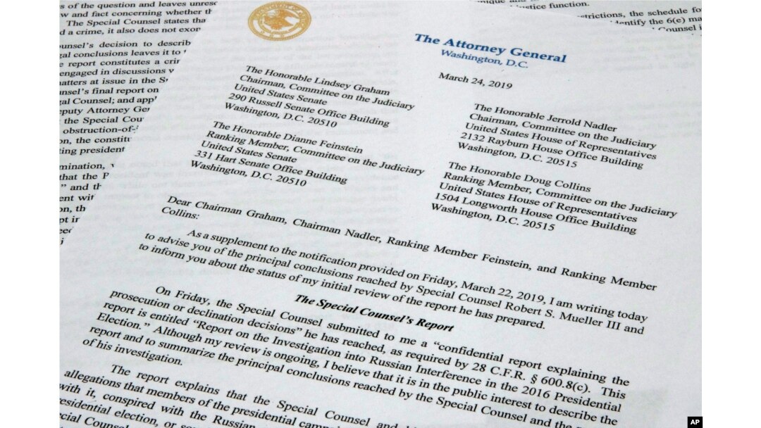 FILE - The letter from Attorney General William Barr to Congress on the conclusions reached by special counsel Robert Mueller in the Russia probe, March 24, 2019.