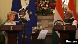 European Commission President Ursula von der Leyen speaks during a joint press statement with India's Prime Minister Narendra Modi at the Hyderabad House in New Delhi, Feb. 28, 2025.