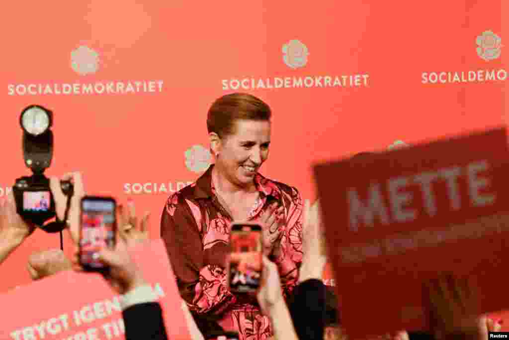 Denmark's Prime Minister and head of the the Social Democratic Party, Mette Frederiksen, gestures at an election party for the general election, in Copenhagen, Denmark.