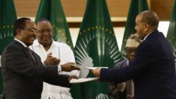 Redwan Hussien Rameto (L), Representative of the Ethiopian government, and Getachew Reda (R), Representative of the Tigray People's Liberation Front (TPLF), exchange documents after signing a peace agreement on November 2, 2022. (Photo by PHILL MAGAKOE / AFP)