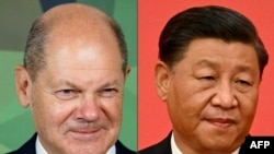 (COMBO) Kanselir Jerman Olaf Scholz di Berlin, 16 September 2022 (kiri) dan Presiden China Xi Jinping di Beijing, 23 Oktober 2022. Kanselir Jerman Olaf Scholz melakukan perjalanan berisiko tinggi ke China pada Jumat, 4 November 2022. (JENS SCHLUETER dan Noel CELIS / AFP)