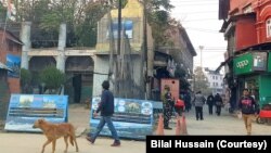 A bunker of Indian paramilitary, CRPF outside the gutted Palladium Cinema in Lalchowk area of Srinagar. (Bilal Hussain)