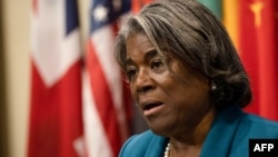 U.S. Ambassador Linda Thomas-Greenfield is interviewed following an informal meeting of Security Council members focused on protests in Iran, hosted by the United States and Albania at U.N. headquarters, Nov. 2, 2022, in New York.