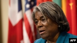 U.S. Ambassador Linda Thomas-Greenfield is interviewed following an informal meeting of Security Council members focused on protests in Iran, hosted by the United States and Albania at U.N. headquarters, Nov. 2, 2022, in New York.