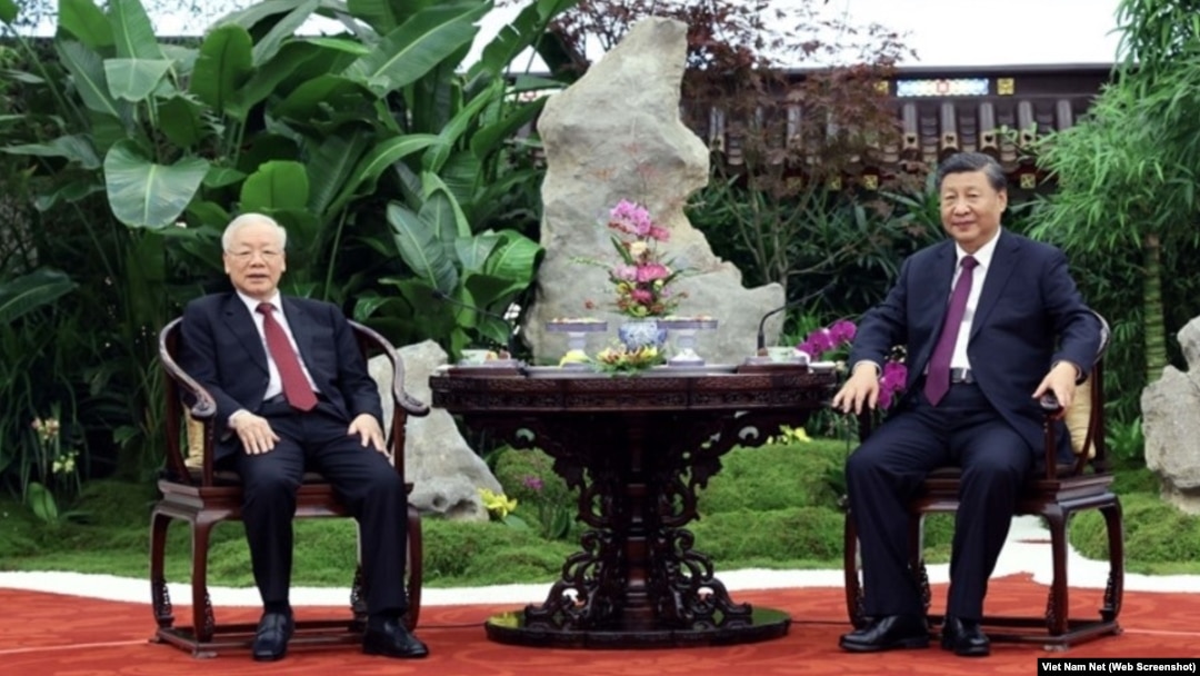 Tổng bí thư Nguyễn Phú Trọng (trái) và người đồng cấp Trung Quốc Tập Cận Bình dự tiệc trà ở Bắc Kinh hôm 31/10.