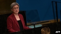 FILE - Australia's Minister of Foreign Affairs Penny Wong addresses the 77th session of the United Nations General Assembly at UN headquarters in New York City on Sept.23, 2022.