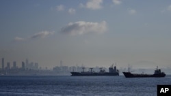 Barcos con carga anclados en el mar de Mármara esperan para cruzar el estrecho del Bósforo el martes 1 de noviembre de 2022 en Estambul, Turquía. (AP Foto/Khalil Hamra)