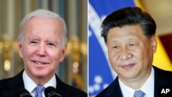 FILE - U.S. President Joe Biden in Washington, Nov. 6, 2021, left, and China's President Xi Jinping in Brasília, Brazil, Nov. 13, 2019. Biden says he hopes to use the meeting with Xi to discuss efforts to maintain and deepen lines of communication between the two countries.
