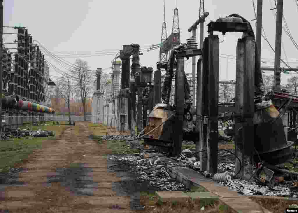 A high-voltage substation of Ukrenergo is seen damaged by Russian military strike in the central region of Ukraine.