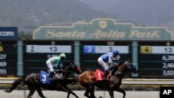 FILE - Horses race at the Santa Anita Park race track in Arcadia, Calif., June 23, 2019.