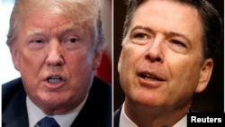 A combination of file photos show U.S. President Donald Trump in the White House in Washington, DC, Apr. 9, 2018 and former FBI Director James Comey on Capitol Hill in Washington, June 8, 2017. 