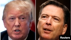 A combination of file photos show U.S. President Donald Trump in the White House in Washington, April 9, 2018, and former FBI Director James Comey on Capitol Hill in Washington, June 8, 2017. 