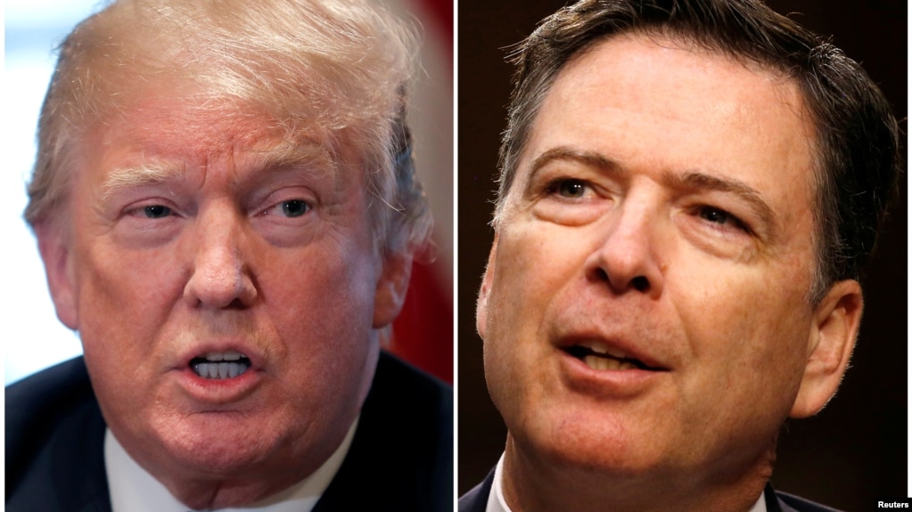 A combination of file photos show U.S. President Donald Trump in the White House in Washington, DC, Apr. 9, 2018 and former FBI Director James Comey on Capitol Hill in Washington, June 8, 2017. 